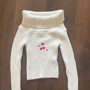 Subdued Off-White Cowlneck Sweater with Cherry Embroidery